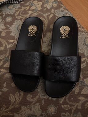 Vince Camuto Black Leather Wide Strap Slide Sandals